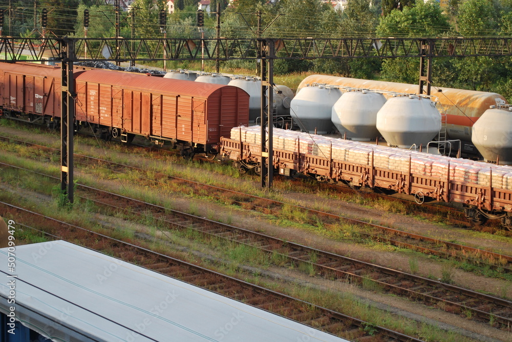 railway carriages of various types on a siding, tracks, tracks, brush