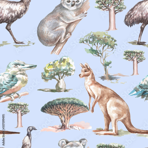 Animals Australia graphic illustration hand drawn koala ostrich emu isolated on white background patern seamless