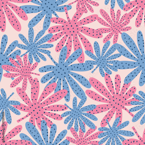 Colorful spotted tropical leaves hand drawn vector illustration. Jungle leaf in flat style. Floral seamless pattern for kids fabric or wallpaper.