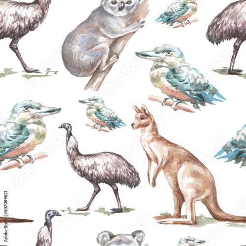 Animals Australia graphic illustration hand drawn koala ostrich emu isolated on white background  patern seamless © Paint_art