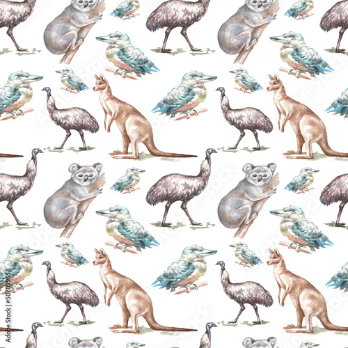 Canvas Print Animals Australia graphic illustration hand drawn koala ostrich emu isolated on
