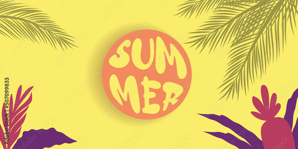 Summer background with tropical plant silhouettes and typography.