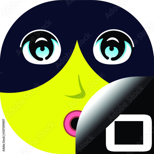 A character of yellow avatar with a letter O and dark blue mask. Alphabetical cartoon face with a letter O.
