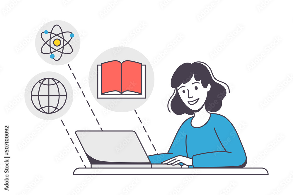 Online Learning with Woman Student Engaged in Virtual Classes Outline Vector Illustration Online Learning with Woman Student Engaged in Virtual Classes Outline Vector Illustration
