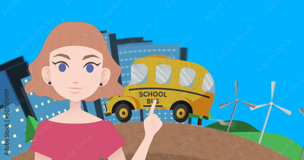 Image of woman talking over school bus icon Image of woman talking over school bus icon