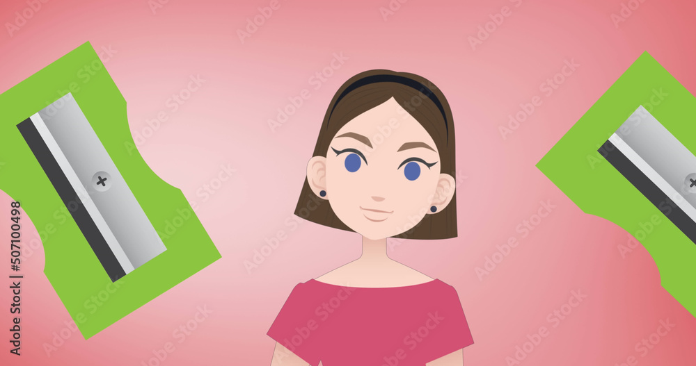 Image of woman talking over sharpener icons Image of woman talking over sharpener icons