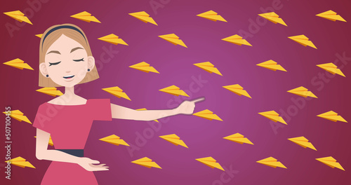 Image of woman talking over paper plane icons