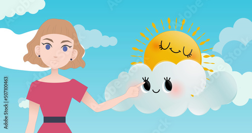Image of woman talking over clouds and sun icons