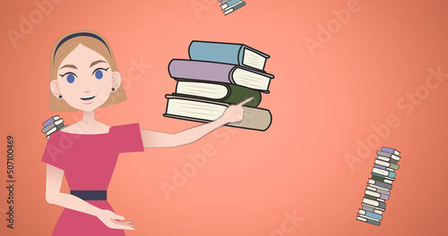 Image of woman talking over book icons
