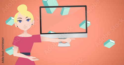 Image of woman talking over book and computer icons