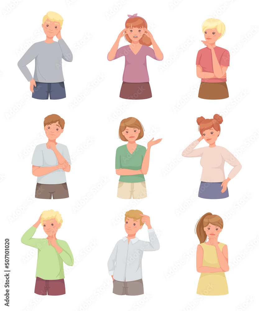 Pensive People Character Scratching Head Thinking and Considering Something Vector Set Pensive People Character Scratching Head Thinking and Considering Something Vector Set