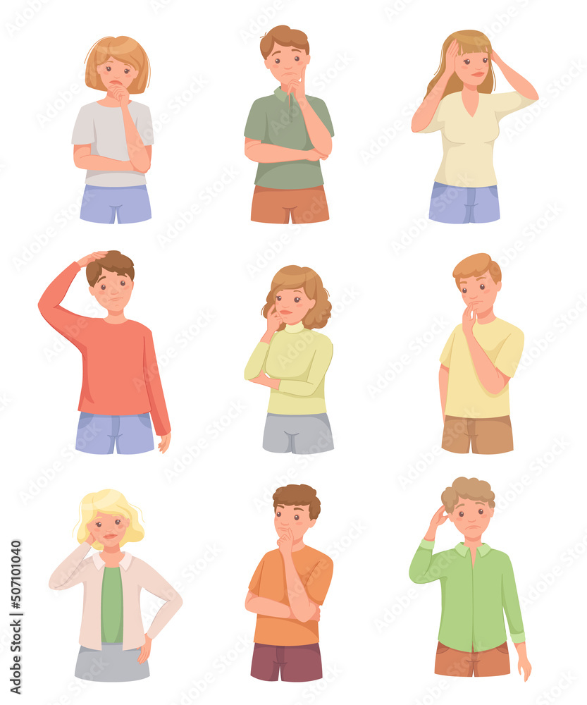 Pensive People Character Scratching Head Thinking and Considering Something Vector Set Pensive People Character Scratching Head Thinking and Considering Something Vector Set