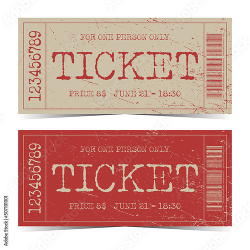 Retro or vintage ticket template or mockup with shabby text on kraft paper or red background. Vector illustration of event talon with bar code, number, price, date and time.