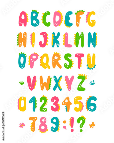 Cute colorful vector English alphabet in dinosaur style for kids