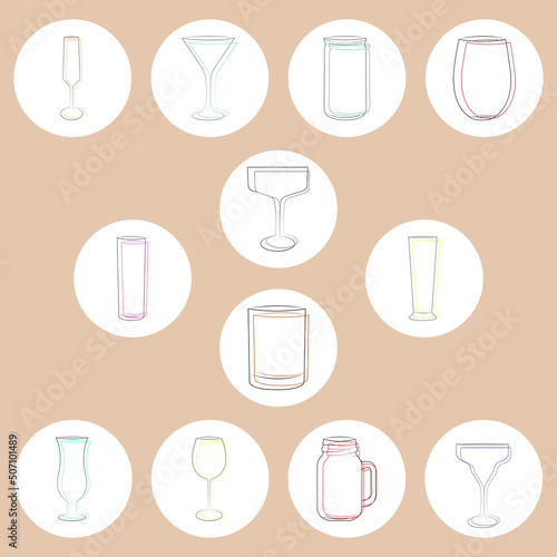 Cocktails set icons. Line icons. Vector illustration with beige background