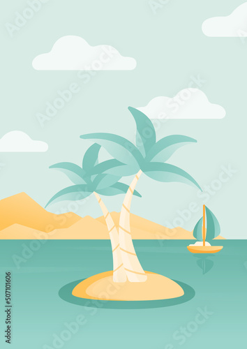 Summer illustration of island view with two palmas in the sea.