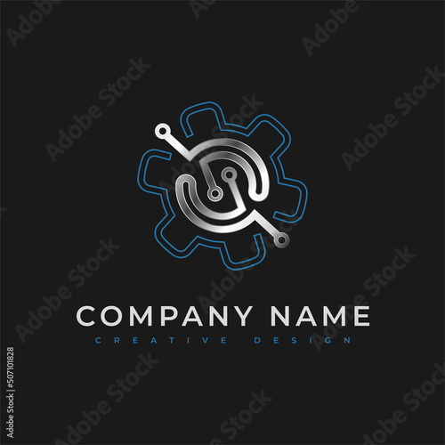 Modern Logo Fiber Optic Cable. Vector Design Template. Icon of the circuit board line with a gear. Sign used for technology, engineering, network. Electronics, motherboard, processor, computer