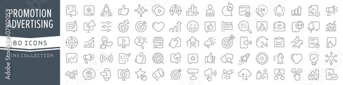 Promotion and advertising line icons collection. Big UI icon set in a flat design. Thin outline icons pack. Vector illustration EPS10