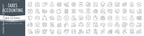 Taxes and accounting line icons collection. Big UI icon set in a flat design. Thin outline icons pack. Vector illustration EPS10