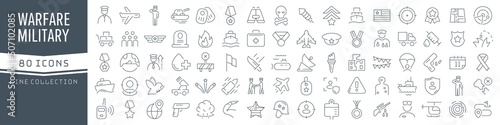 Warfare and military line icons collection. Big UI icon set in a flat design. Thin outline icons pack. Vector illustration EPS10