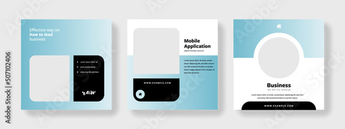 Editable social media set layouts with free copy space and place for photos, square business graphic templates for instagram and facebook, elegant soft blue design, minimalistic idea, rounded corners