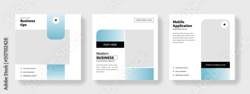 Clean editable social media post templates with bright blue accent. Rounded corners elements, modern business banner graphics for online advert or facebook and instagram	
