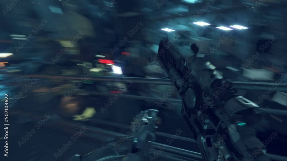 Fake Sci-Fi First Person Shooter. Cyberpunk style. no hud. 3D videogame.