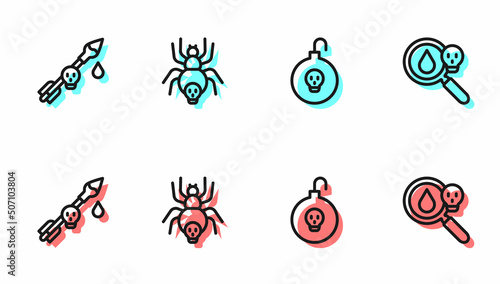 Set line Nuclear bomb, Poison on the arrow, Poisonous spider and magnifying glass icon. Vector