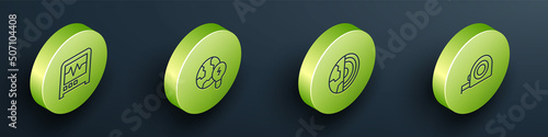 Set Isometric line Seismograph, Global planet with bulb, Earth core structure crust and Roulette construction icon. Vector