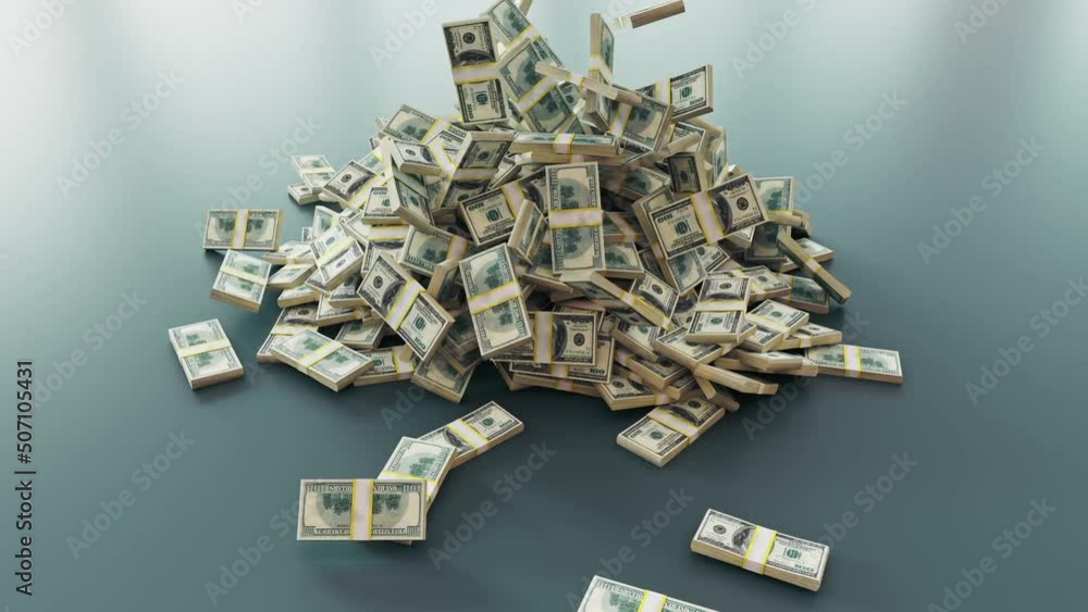 Stacks of money falling from above oh white Background. Stack Of Dollar Bills Falling. Professional 4K 3d rendering animation