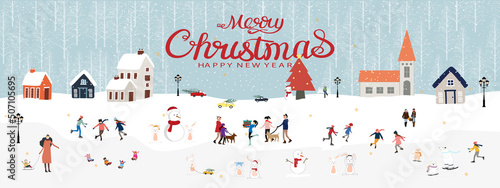 Christmas and Happy New Year 2023 banner with People,polar bear and rabbit celebrating in the park next to forest pine trees on blue sky background.Vector illustration panorama banner holiday backdrop
