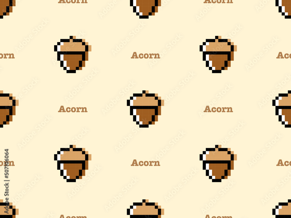 Obraz premium Acorn cartoon character seamless pattern on yellow background. Pixel style