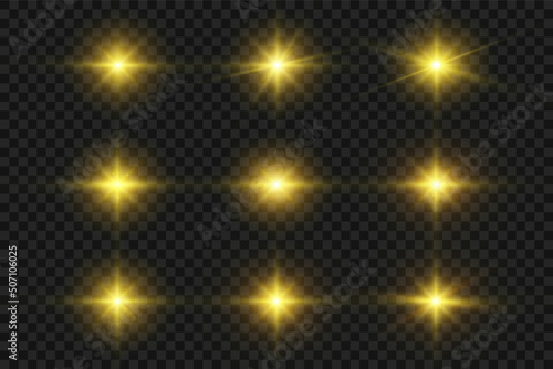 Set of realistic sparkling golden star lit and blinking on transparent background vector illustration.