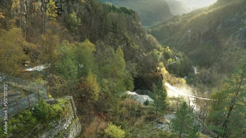 Aerial view of the Skjervfossen waterfall and surrounding valley. The sun is shining brightly after the rain. photo