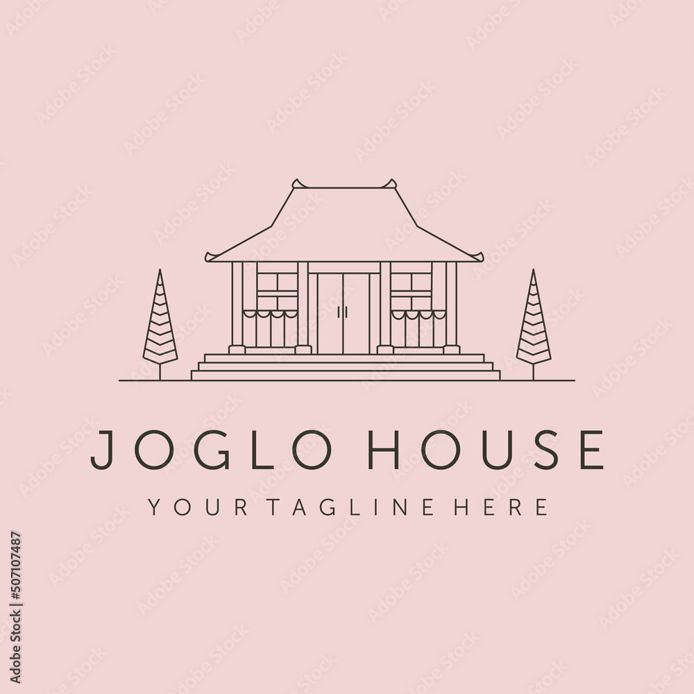 Joglo house and tree line art logo vector symbol illustration design