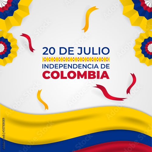 Decorative 20 de julio Colombia background with wavy flag, ribbons, and traditional pattern