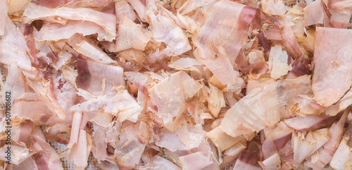 Japanese shaved dried fish katsuobushi on full screen. Smoked fish. Dried fish. 