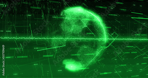 Image of green graphs and globe rotating on green and black background