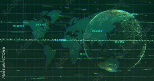 Image of green graphs and globe rotating on green world map in background