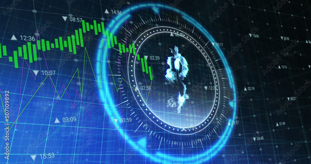 Image of bitcoin symbol on rotating safe lock over financial data processing Image of bitcoin symbol on rotating safe lock over financial data processing