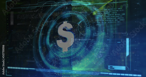 Image of dollar sign on rotating safe lock over data processing and computer server photo