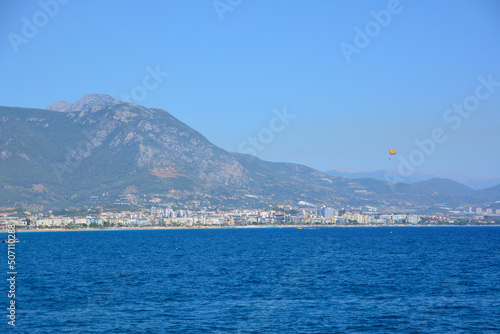 coastline with mountain and mediterranean sea in sunny day