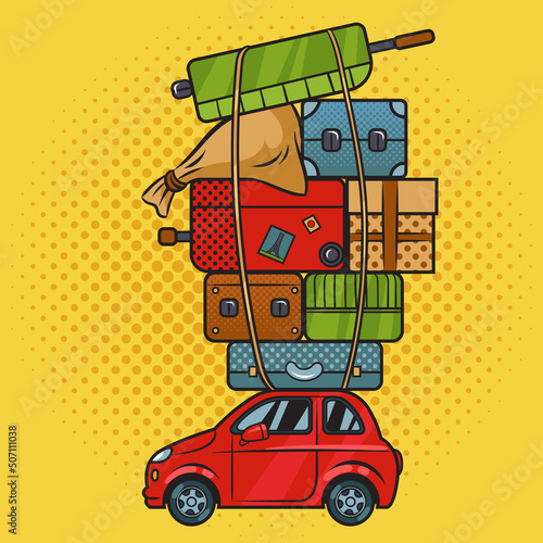  pile of suitcases on roof of car pop art retro vector illustration. Comic book style imitation.
