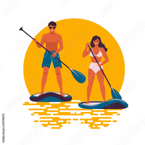 Man and woman standing on paddle board at sunset. Vector illustration in flat style