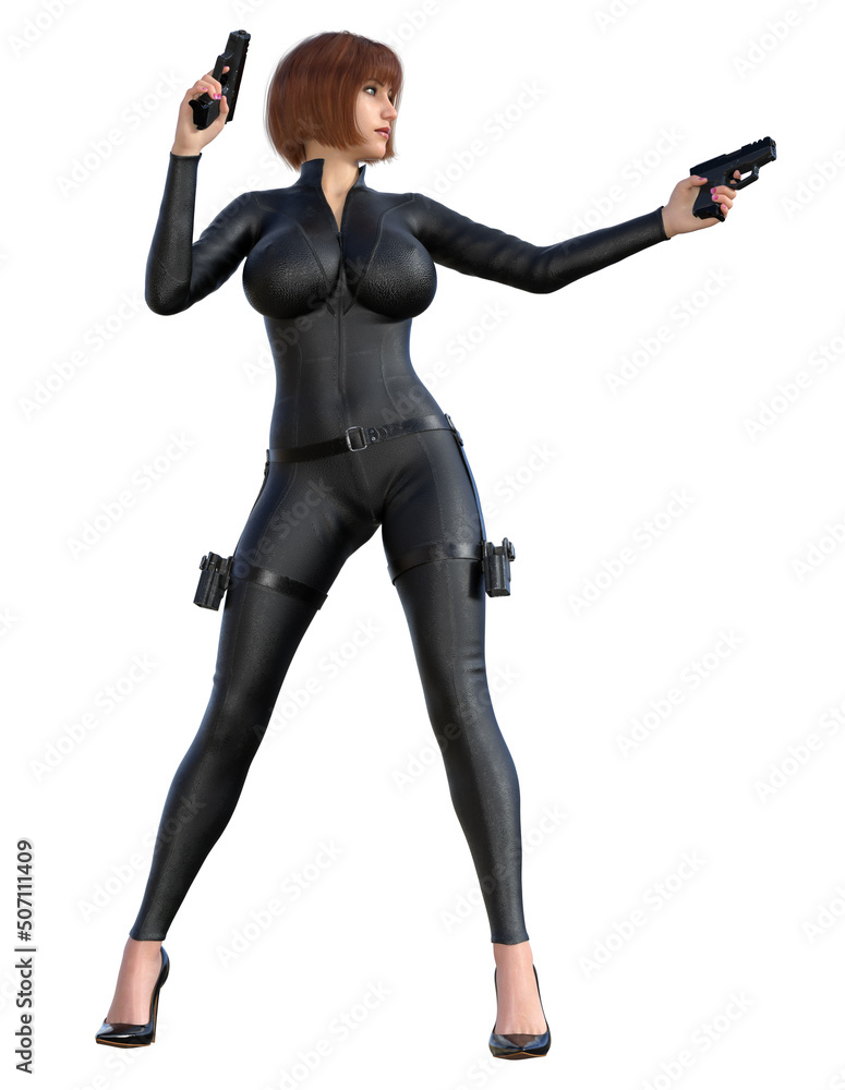 woman in black uniform armed with guns