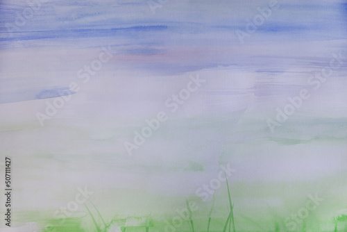 Laconic landscape with morning haze. Effortlessness and serenity concept. Abstract watercolor artwork. Delicate green grass background. Airy brush strokes. Morning freshness wallpaper.