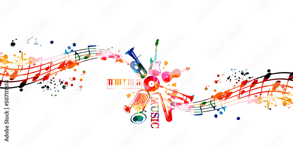 Naklejka premium Colorful musical promotional poster with musical instruments and notes isolated vector illustration. Artistic playful design with vinyl disc for concert events, music festivals and shows, party flyer