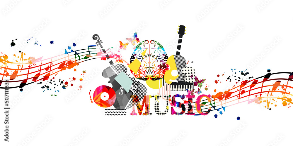 Obraz premium Colorful musical poster with musical instruments and notes isolated vector illustration. Creative music design with cello, guitar and piano for concert events, music festivals and shows, party flyer
