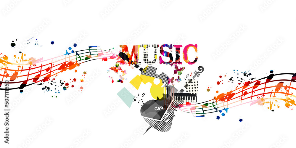Colorful musical poster with musical instruments and notes isolated vector illustration. Playful music design with cello, guitar and piano for concert events, music festivals and shows, party flyer