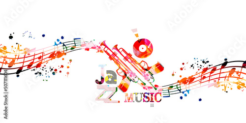 Colorful musical poster with musical instruments and notes isolated vector illustration. Artistic creative jazz music design with trumpet for concert events, music festivals and shows, party flyer